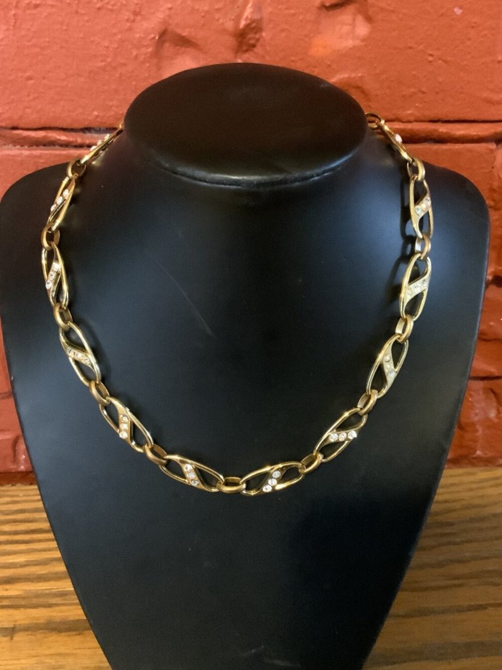 Vintage Gold Plated Rhinestone Link Necklace. Signed